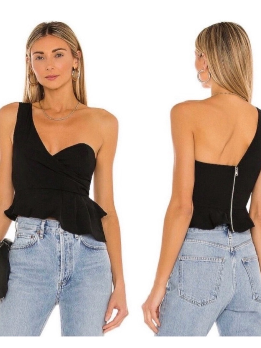 Superdown One-Shoulder Black Peplum Top, size small